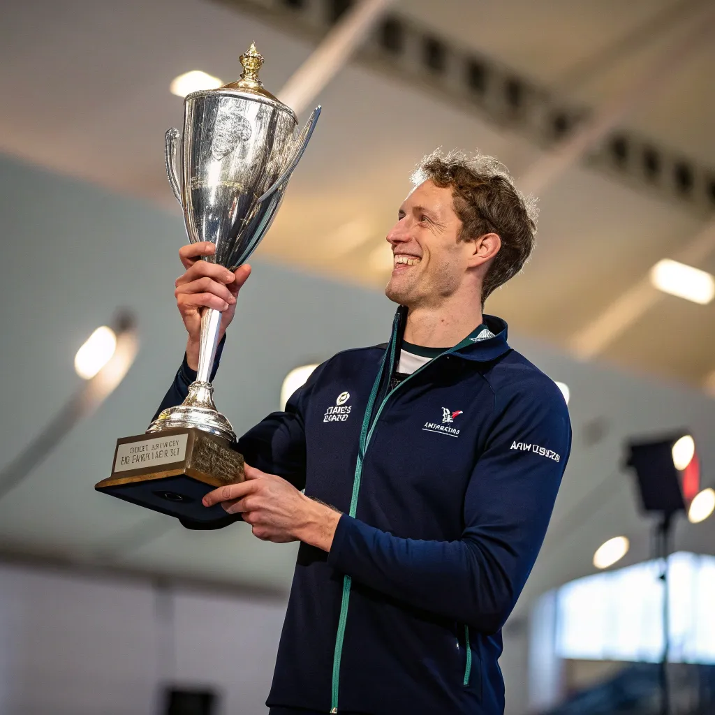 David holding a rowing trophy