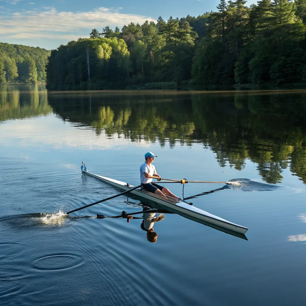 Emily rowing on a calm lake