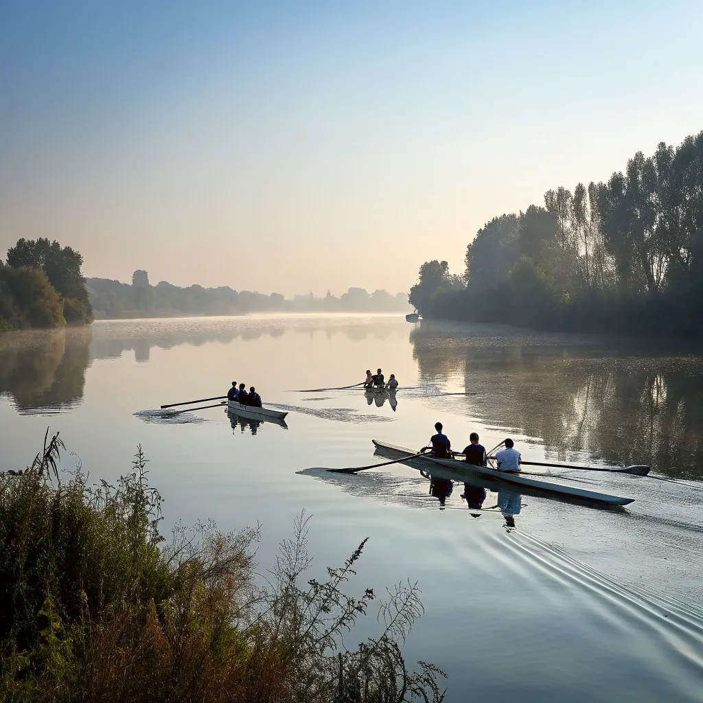Rowing boats on a serene lake